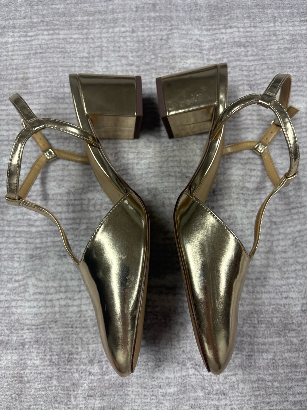 J Crew Factory T Strap Gold Metallic Block Heel Pumps Womens 8 Round Toe Glam - Picture 5 of 8